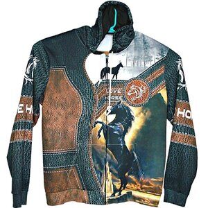 Love American Horse 3D All Over Design Full Zip Up Hoodie Leather Print Size 2X?